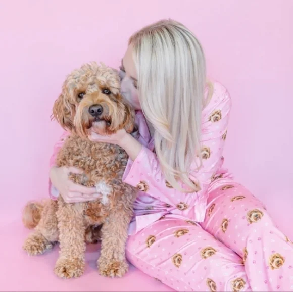 Cuddle Clones Wheaten Terrier Dog Pink Satin Pajamas Long Sleeve Top Pants Set